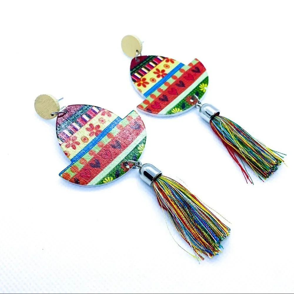 NWT Multicolor Wood & Tassel Earring